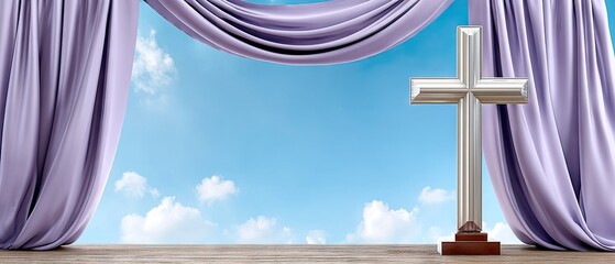Purple cloth drapes over a cross with rays of light illuminating the sky, capturing the essence of Pentecost and Easter celebration in a serene setting