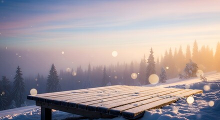 Snow covered wooden table overlooking a winter forest at sunrise