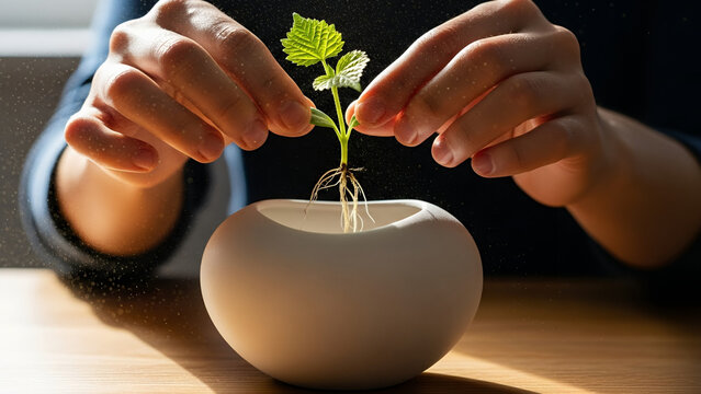 Hands Planting Green Seedling Indoors