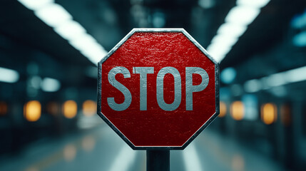 A close up of a stop sign in a tunnel with blurred lights behind it