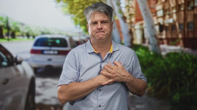 Man clutching chest with both hands indicating heartattack on a street lined with parked cars and trees; distress emergency help.