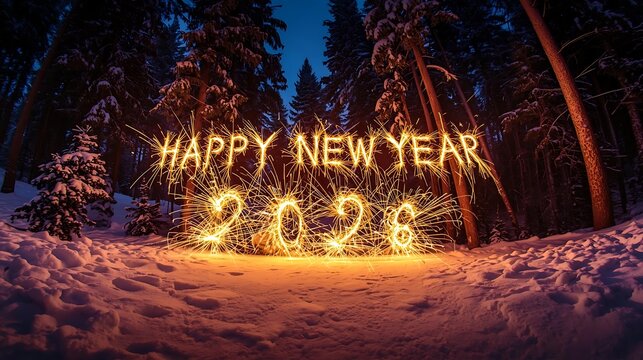 Happy new year 2026 written in sparkling lights in a snowy forest at night - Powered by Adobe