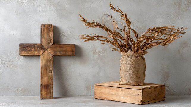 Wooden cross with willow branches on a neutral background for Easter seasonal decor with blank space for personalization or quotes
