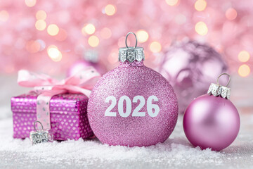 Christmas ball with the number 2026 printed on it, surrounded by pink balls.