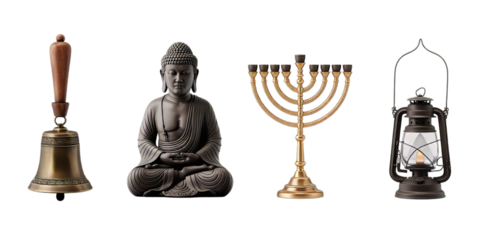 A diverse collection of spiritual and cultural artifacts, featuring a hand bell, Buddha statue, menorah, and vintage oil lantern, is presented on a clean white background.
