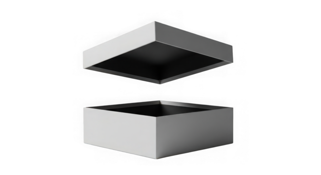 Two open square boxes one above the other isolated on transparent background