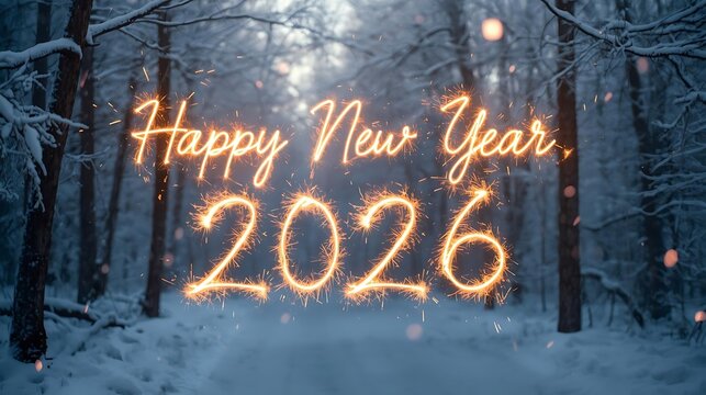 Happy new year 2026 written in sparkling lights in a snowy forest