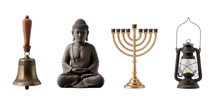 A diverse collection of spiritual and cultural artifacts, featuring a hand bell, Buddha statue, menorah, and vintage oil lantern, is presented on a clean white background.