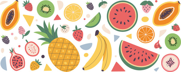 Colorful tropical fruit pattern illustration, vibrant summer design, fresh juicy fruits artwork, modern playful composition