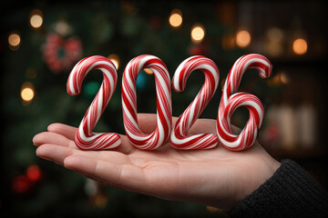 Hand holding candy cane 2026 new year numbers