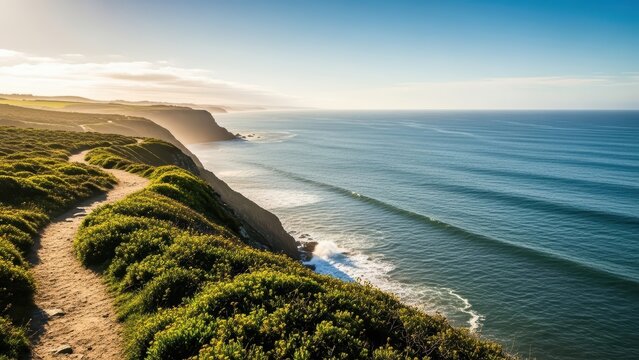 Scenic coastal pathway overlooking ocean waves and cliffs at sunset