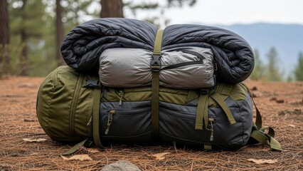 Outdoor camping gear with backpack and sleeping bags in forest setting