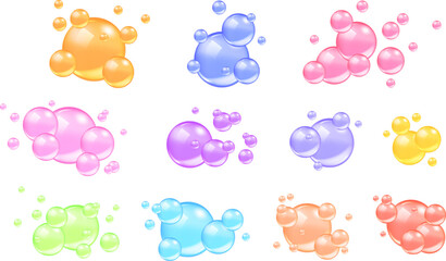 Glossy colorful pink collagen bubbles on white background with cosmetic serum and bubble gum effect.
