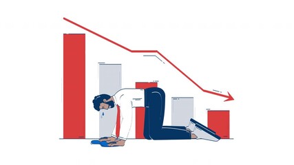 Unexpected financial loss doodle animation. Sales decrease. Market downturn. Crying businessman beside declining bar graph animated 2D flat cartoon concept, white background. 4K video motion graphic