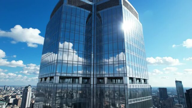 Modern glass skyscraper reflecting sunlight and clouds in urban landscape