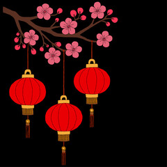 lantern hanging with a cherry blossom branch.