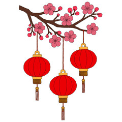Chinese red lantern hanging with a cherry blossom branch, lunar new year, hand-drawn cartoon-style drawing.