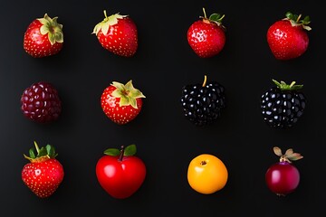 Assorted ripe berries isolated against black for digital design use.