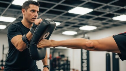 Male trainer instructing martial arts kick in gym