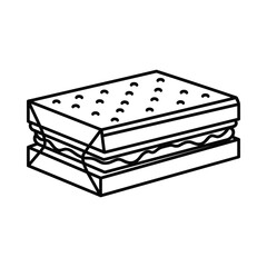 Simple black and white line drawing of a sandwich with two slices of bread and filling