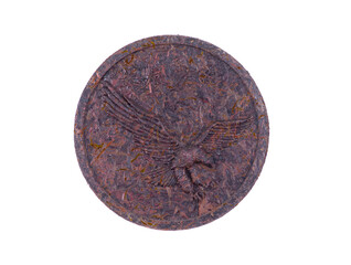 Bird engraving on a board isolated on white background