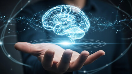 AI brain hologram above human hand soft
