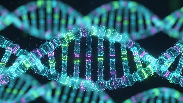 Digital DNA strand formed from glowing l - Powered by Adobe