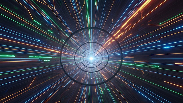 Futuristic data tunnel with glowing circ