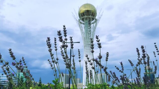 ASTANA, KAZAKHSTAN &ndash; July 30, 2023: Baiterek Tower. Monument and observation tower in Kazakhstan. The main symbol of the city against the background of modern buildings. The city of Nur Sultan. 4K