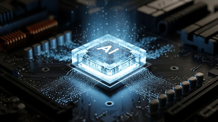 Glowing AI module embedded in motherboar