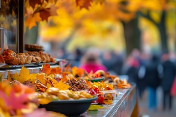 Autumn park food stall with colorful leaves and a blurred crowd for seasonal ambiance.