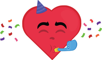 vector illustration emoticon character heart cartoon, with a party hat, serpentine and falling confetti paper