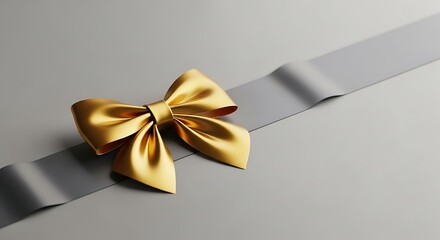Shiny golden decorative bow and gray ribbon for festive design
