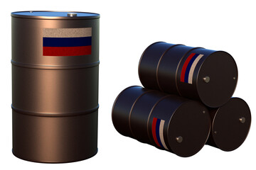Oil barrels with the Russia flag on transparent background. 3D Render