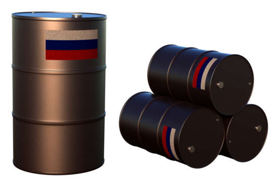 Oil barrels with the Russia flag on transparent background. 3D Render