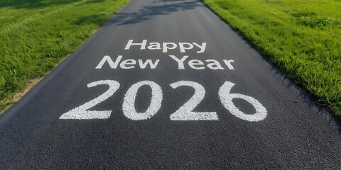 Fototapeta premium Happy new year 2026 painted on asphalt path with grass on the sides
