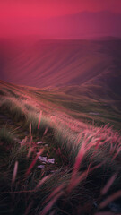 Abstract pink and purple sunset over ocean with blurred grass foreground