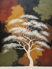 Abstract painting of a white tree with colorful autumn foliage background