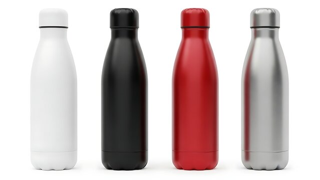 Group of colorful insulated steel water bottles, eco-friendly