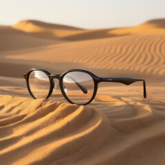 Round eyeglasses resting on golden desert sand dunes at sunset