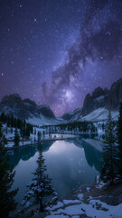 Serene mountain lake reflecting a starry night sky and milky way