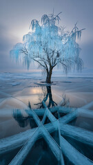 Frozen tree on a beach with driftwood and water