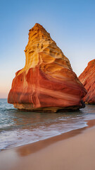 Dramatic sandstone rock formation at the edge of the ocean at sunrise