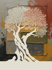 Abstract textured painting of a stylized white tree with a textured background
