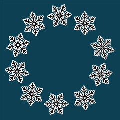 Vector illustration of  snowflakes circle frame. Winter holiday design, Christmas decoration, snowflake wreath perfect for greeting cards and prints