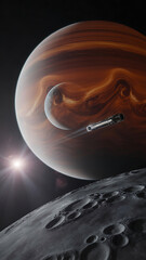 Alien moon orbits gas giant planet with spacecraft flying past