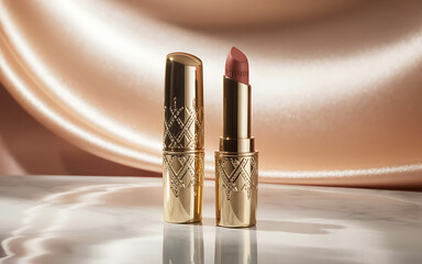 Elegant gold lipstick tube and open lipstick on a luxurious satin background
