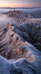 Coastal rock formations smoothed by ocean waves at sunset with soft light