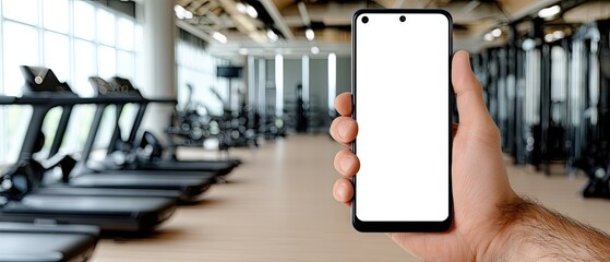 Close-up of a hand holding a smartphone with a blank screen in a gym setting, showcasing fitness-focused technology and advertising potential