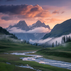 Misty mountain valley at sunrise with winding river and dramatic clouds